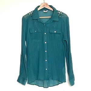 QSW Quiksilver Seacoast Blouse Long-Sleeve Semi Sheer Womens Medium Teal